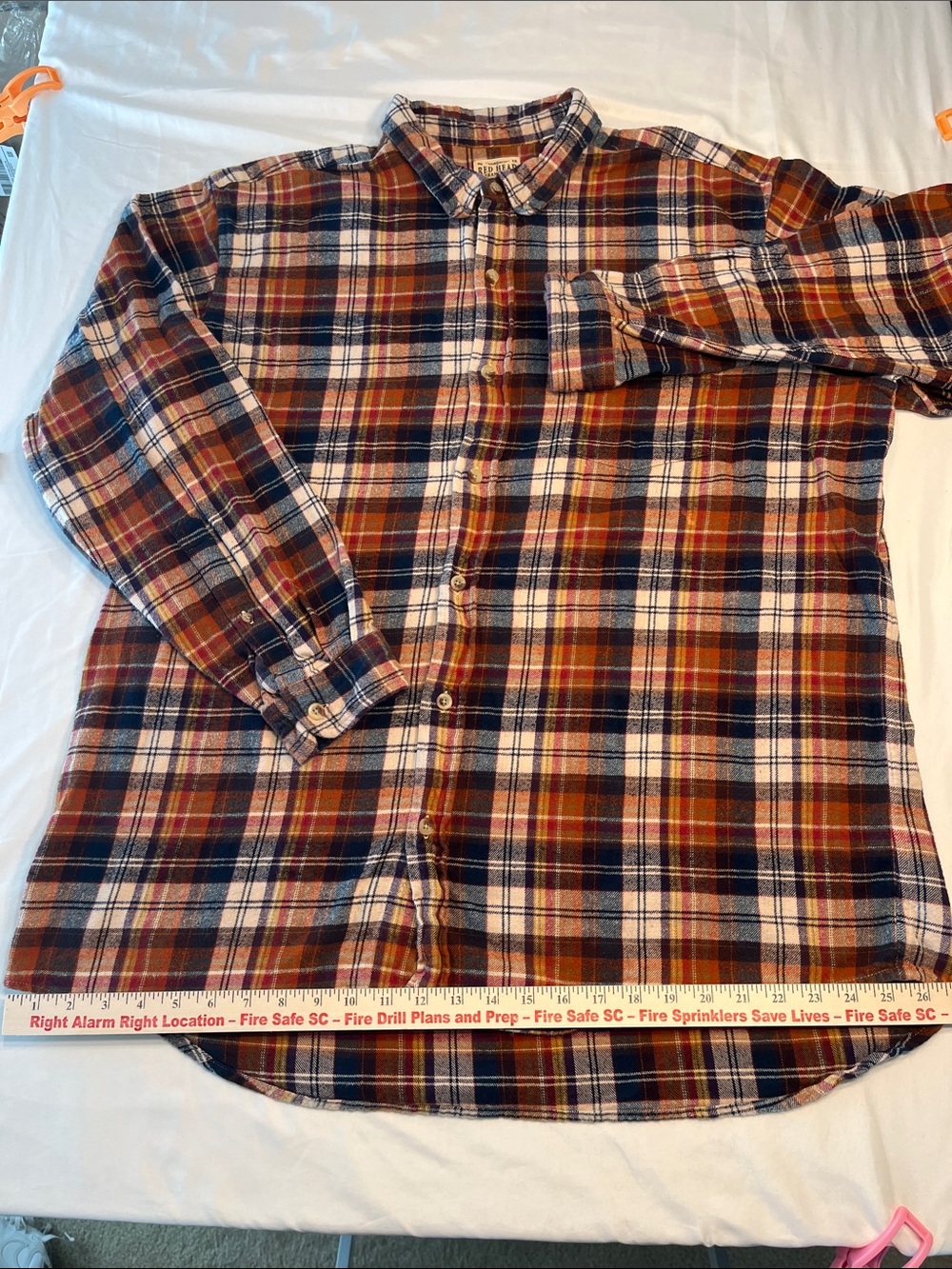 RedHead Brand Co Men’s 2XL Plaid‎ Flannel Button Front Shirt Brown Blue Cream